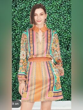 JOY JOY Lavish Border Print Mini Dress Sz M Scarf Pattern Boho